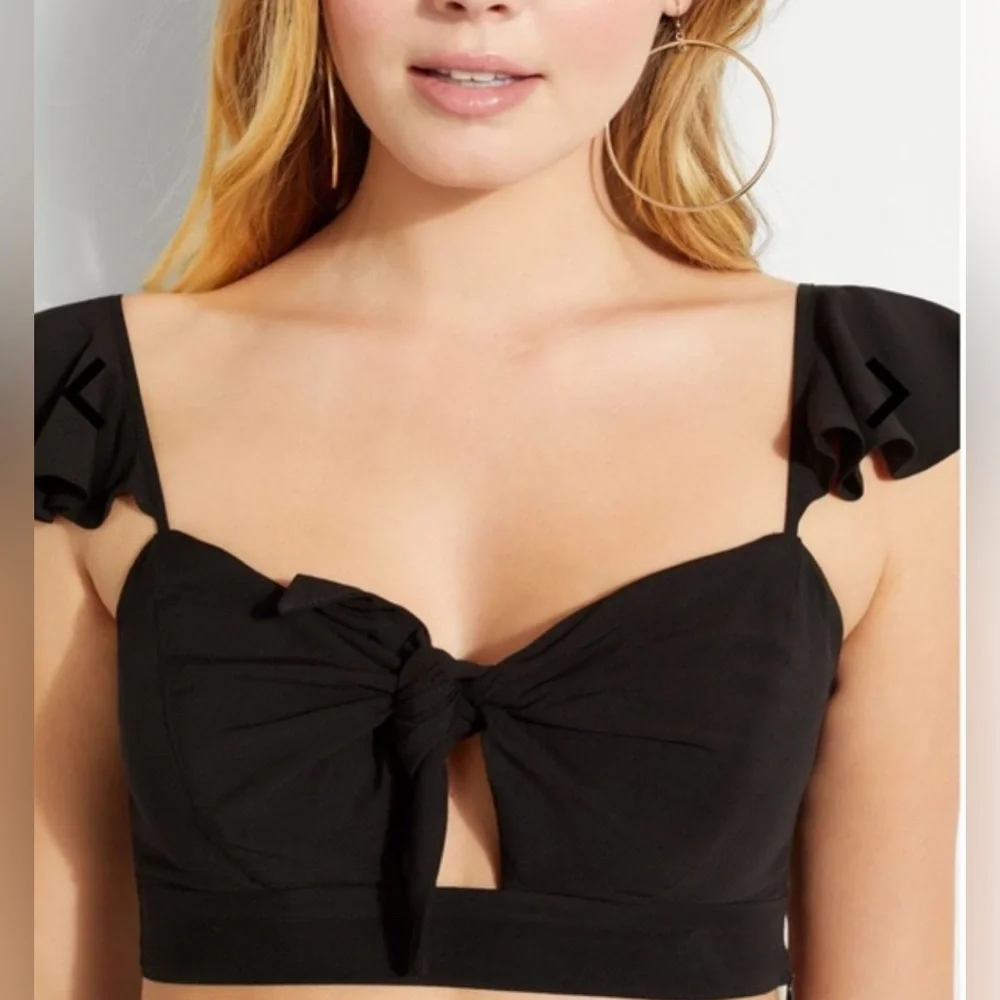 GUESS Womens Charissa Black Off-the-shoulder Knot-front Crop Top XS $58 - Picture 4 of 10